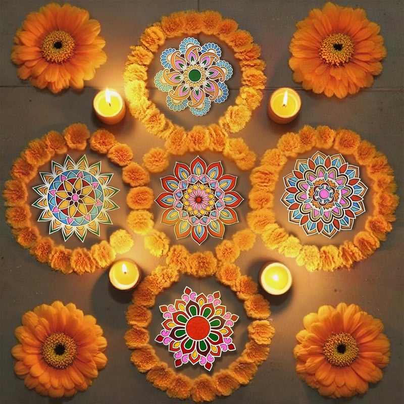 MLOLM Wooden Rangoli Sand Art Kit - 6-Piece Reusable DIY Mandala Puzzle Mats with Rangoli Color& Brush for Diwali, Home Festival and Party Decoration (3 Sizes) - Image 5